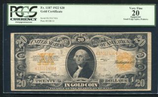 Fr.  1187 1922 $20 Twenty Dollars Gold Certificate Currency Note Pcgs Vf - 20