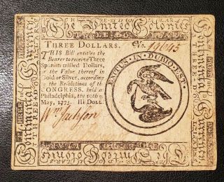 1775 $3 Three Dollar Continental Currency United Colonies Great Note