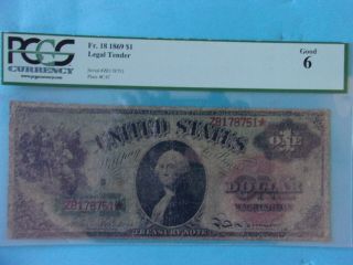 Fr.  18 1869 $1 One Dollar “rainbow” Legal Tender United States Note Pcgs Good 6