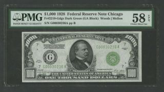 Fr2210 - G $1,  000 1928 Frn - - Chicago - - Pmg 58 Epq Choice Au Wlm8758