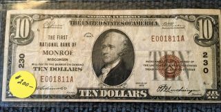 1929 $10 Monroe Wi First National Bank Of Monroe Wisconsin Charter 230