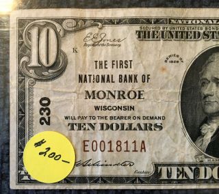 1929 $10 MONROE WI First National Bank of Monroe Wisconsin Charter 230 2
