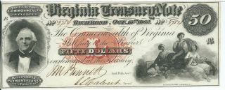 $50 1862 Virginia Treasury Note Richmond Cr7 Senator Mason Au 3754 Civil War