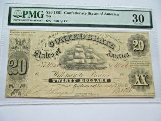 Confederate Currency T - 9 $20 1861 Pmg Very Fine 30