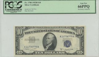 1953b $10 Silver Certificate Fr 1708 Pcgs 66ppq Gem