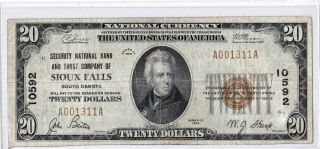 $20 1929 T1 National Sioux Falls South Dakota Sd ( (problem Note))