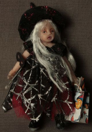 Ooak Polymer Clay Trick - Or - Treat Little Girl Doll Masquerade Witch Black & Red