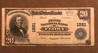 Flora Illinois,  The First National Bank 1902 Pb $20,  Fine