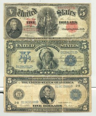 3 Fins: $5 Series 1899 Chief Silver Cert. ,  $5 1907 Woodchopper And $5 1914 Frn