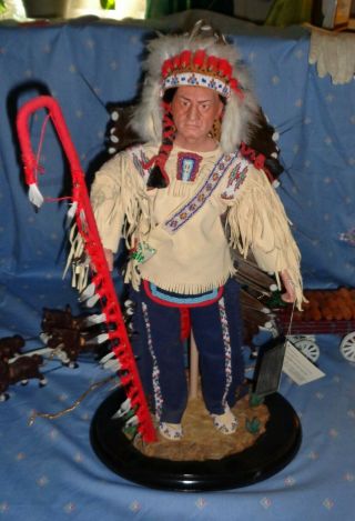 Xrare 19 " Porcelain American Indian Chief Doll - Full Regalia - Platform - Stand