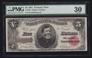 Us 1891 $5 Treasury Note Plain Back Fr 363 Pmg 30 Vf (- 858)