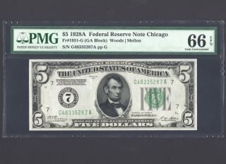 Fr.  1951 - G $5 1928 A Federal Reserve Note Chicago Pmg Gem Uncirculated 66 Epq