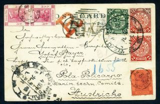 1898 Mixed Franking Picture Card From Chefoo To Austria W/hk & Coiling Stamps