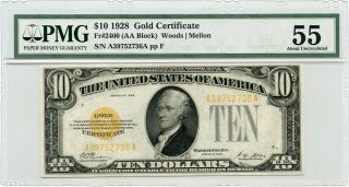 Fr.  2400 1928 $10 Gold Certificate Pmg About Uncirculated 55