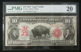 1901 Ten Dollar " Bison " Legal Tender Note.  Fr121 Elliot/white.  Pmg Very Fine 20