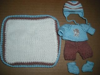 Very Fine Hand Knit 6 Piece Outfit For A 4 Inch Baby Boy