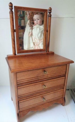 Large Wooden Oak Doll Cupboard Dresser With Tilt Mirror Chest Wood Furniture