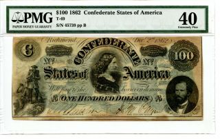 1862 $100 Confederate Currency T - 49 Pmg Extra Fine 40