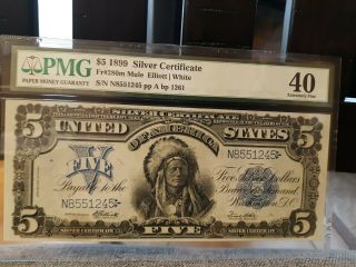 Fr 280m Mule $5 1899 Silver Certificate " Chief " Note Pmg 40 Tiny Tear Top Right