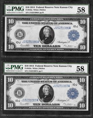 (2) Consecutive S/n 1914 $10 Frn ♚♚ Kansas City ♚♚ Pmg Ch About Unc 58