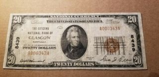 $20 1929 The Citizens National Bank Of Glasgow Ky Ch 8439