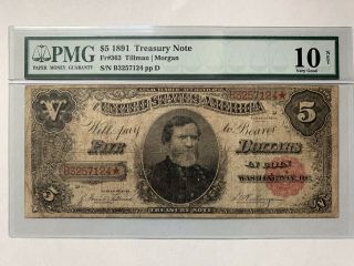 1891 $5 Treasury Note - " Thomas " - Fr - 363 Tillman Morgan Pmg Very Good 10