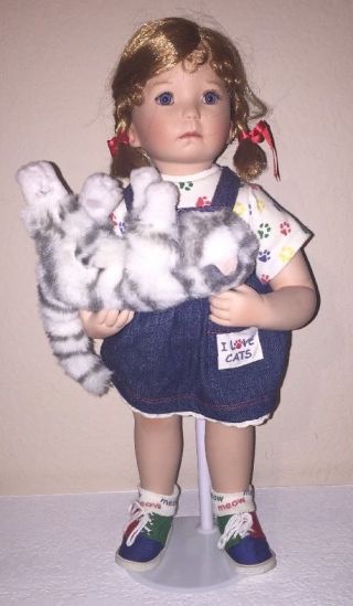 Can I Keep Her? Doll W/cat By Donna Rubert Porcelain 16 Inches Tall On Stand