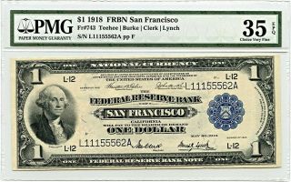 Fr.  743 1918 $1 Frbn San Francisco Pmg Very Fine 35 Epq