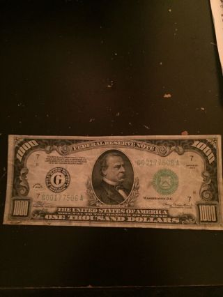 1934 One Thousand Dollar Bill,  G Note Decent.  Chicago Illinois