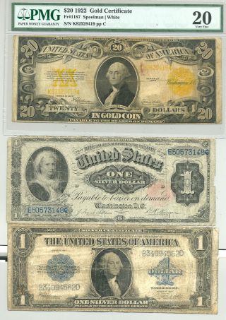 $1 1923 And 1891 Martha Silver Certificates And $20 1922 Gold Certificate