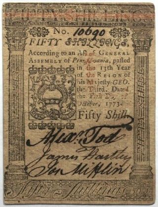 October 1,  1773 Pennsylvania 50 Shillings,  Fr.  Pa - 170,  Pmg 58