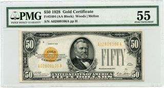 Fr.  2404 (aa Block) 1928 $50 Gold Certificate Pmg About Unc 55