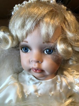Porcelain Doll By Donna Rubert 2005 With Angel Wings And Pillow.