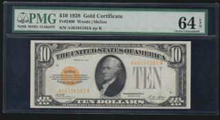 Us 1928 $10 Gold Certificate Fr 2400 Pmg 64 Epq Ch Cu (- 183)