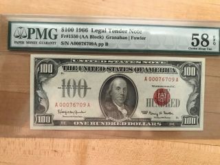 $100 1966 Legal Tender Note Pmg 58 Epq