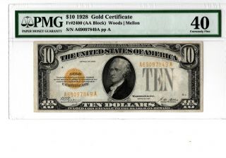 1928 $10 Gold Certificate Fr 2400 Pmg 40 Woods/mellon 19 - C135