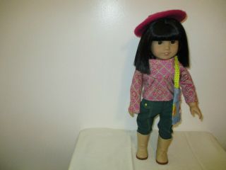 American Girl Doll Ivy Ling With Earrings Pocketbook Purse Beret Pants Boots