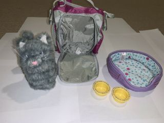 American Girl Doll Pet Carrier With Cat And Bed,  Food Bowls