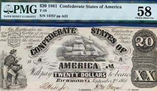 1861 Richmond Va $20 (xx) Confederate States Of America (t18) Choice About U 58