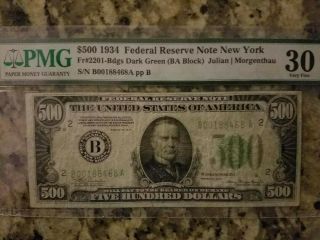 1934 $500 Dollar Bill York Dark Green Pmg Vf 30 -