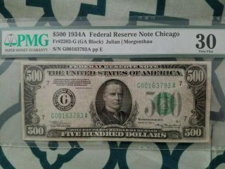 1934a $500 Five Hundred Dollar S/n G00163793a Chicago Pmg Vf 30 -
