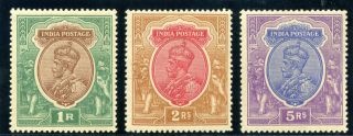 India 1913 Kgv 1r,  2r & 5r Mnh.  Sg 185,  187,  188.  Sc 93,  94,  95.