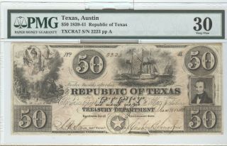 1839 - 41 " The Republic Of Texas " $50,  Pmg Vf - 30