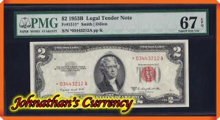 Jc&c - Fr.  1511 1953 B $2 Legal Tender " Star Note " - Pmg Gem Unc 67 Epq