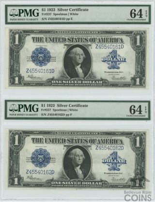 Set Of 2: 1923 $1 Silver Certificates Pmg 64 Choice Uncirculated Notes Fr 237
