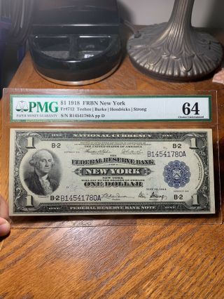 Fr 712 1918 $1 Federal Reserve Bank Note York Us Currency Pmg Graded 64
