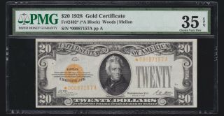 Us 1928 $20 Gold Certificate Star Note Fr 2402 Pmg 35 Epq Ch Vf (157)