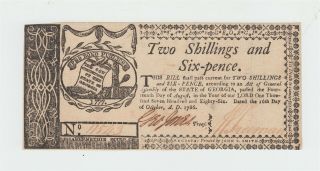 1786 Georgia Colonial Currency - 2 Shillings 6 Pence 2s 6p Note Usa