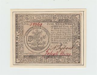 1776 Colonial Currency Philadelphia $5 Five Dollars Note Mounted See Desc Usa