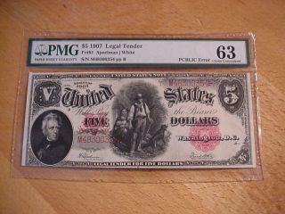 Series 1907 $5 Us Legal Tender $5.  00 Us United States Five Dollar Note Pmg Cu 63